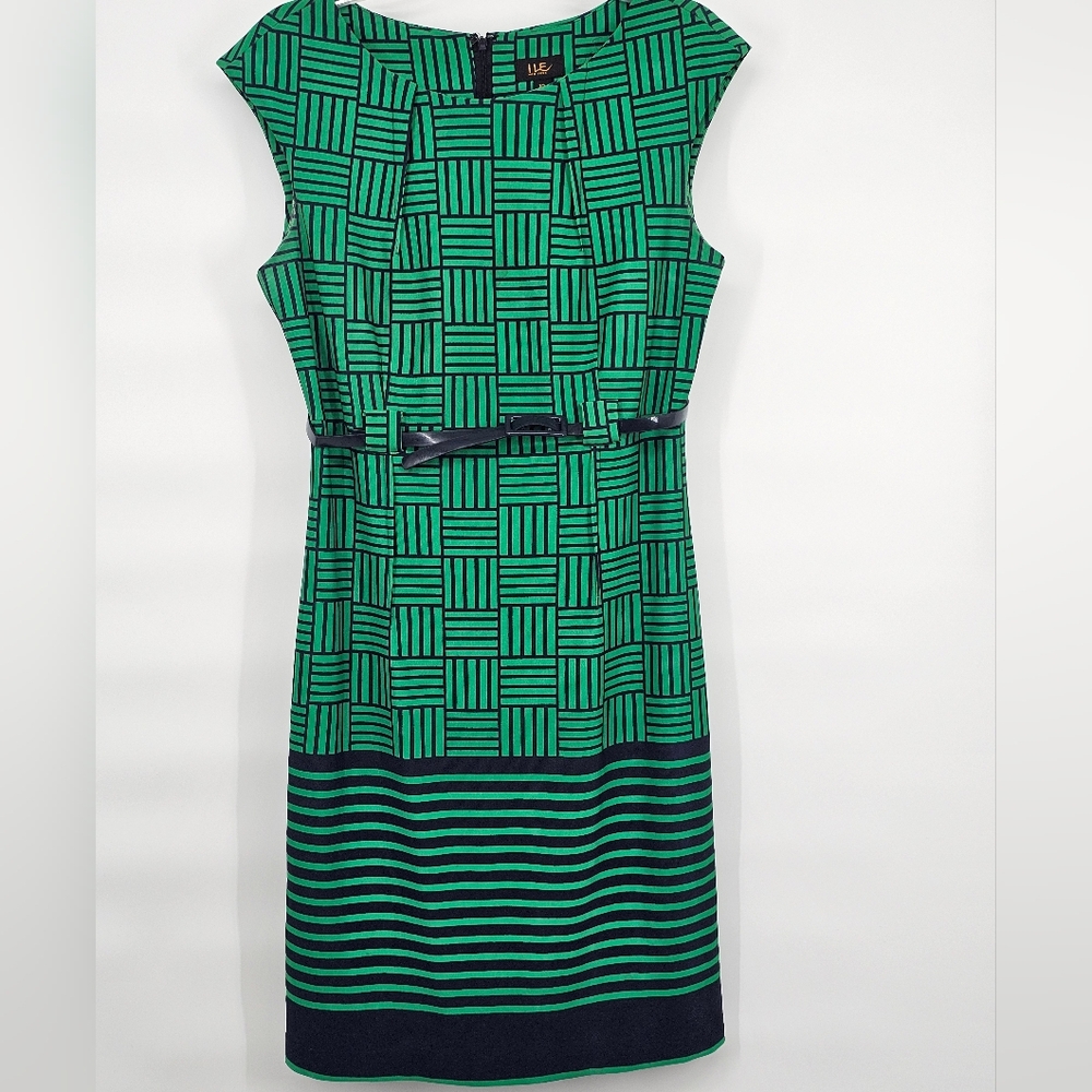 ILE New York Green & Navy Geometric Dress (Size 10)